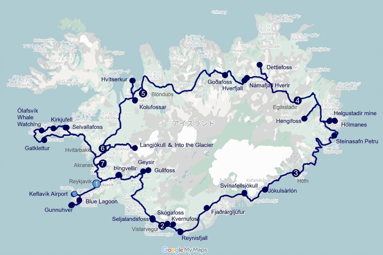Map of my routes through Iceland